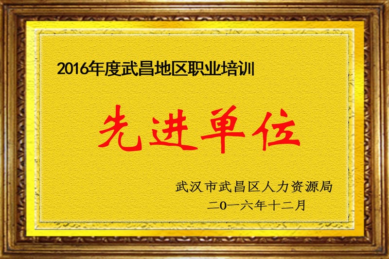 2016年度湖北省武汉市武昌地区职业培训先进单位 牌匾